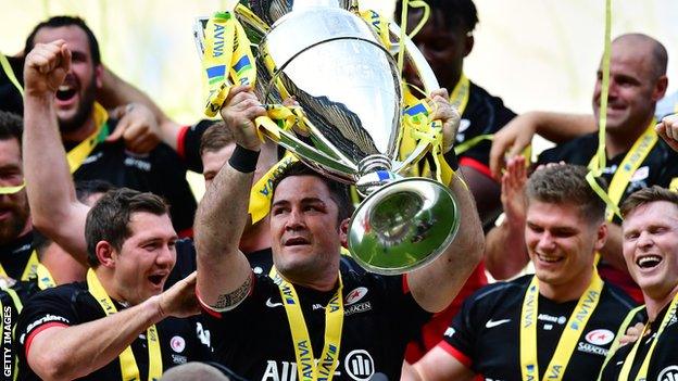 Brad Barritt and Saracens team mates celebrate winning the Premiership title