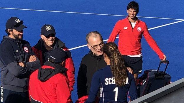 Leeds United manager Marcelo Bielsa talks to Chile's women's hockey side before their Olympic qualifying play-off against Great Britain