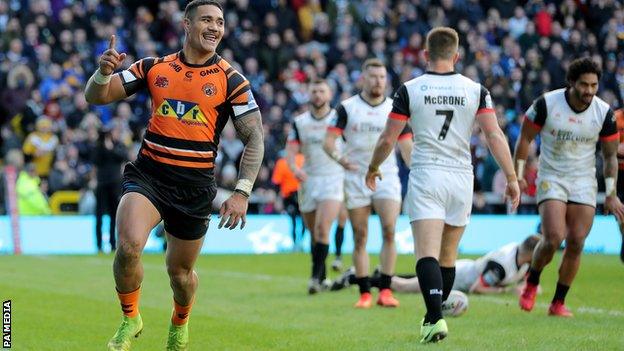 Peter Mata'utia celebrates his try for Castleford against Toronto