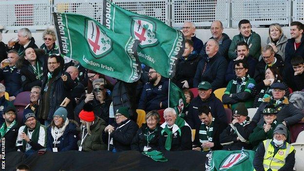 London Irish fans and flags at Brentford Community Stadium