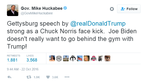 Tweet: "Gettysburg speech by Donald Trump as Chuck Norris face kick. Joe Biden doesn't really want to go behind the gym with Trump!"