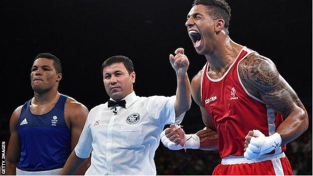 France's Tony Yoka celebrates after winning against Great Britain's Joe Joyce in the Rio Olympic final