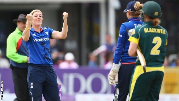 Heather Knight celebrates the wicket of Alex Blackwell at Bristol