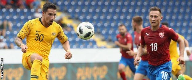 Jamie Maclaren (left) in action for Australia against Czech Republic