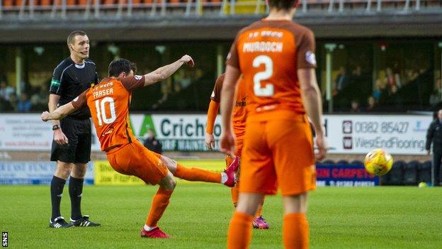 Scott Fraser scores a free-kick for Dundee United against Dunfermline