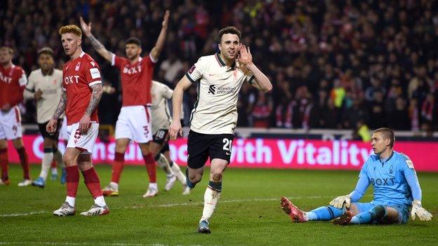 Jota celebrates Liverpool's winner against Nottingham Forest in the FA Cup quarter-finals