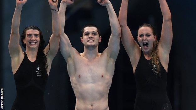 Bethany Firth, Reece Dunn and Jessica-Jane Applegate celebrate