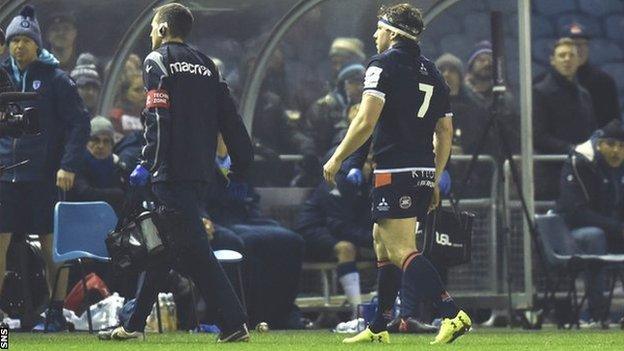 Hamish Watson leaves the field during Edinburgh's win over Montpellier