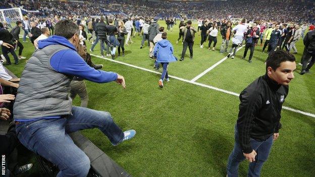 The 20:05 BST kick-off was delayed as a result of the crowd disturbances