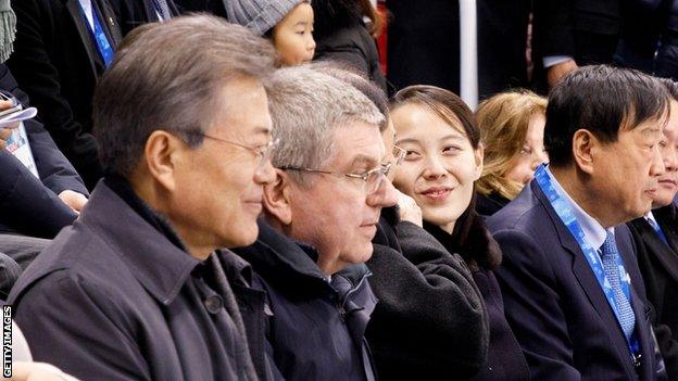 International Olympic Committee president Thomas Bach, South Korea president Moon Jae-in and Kim Yo Jong