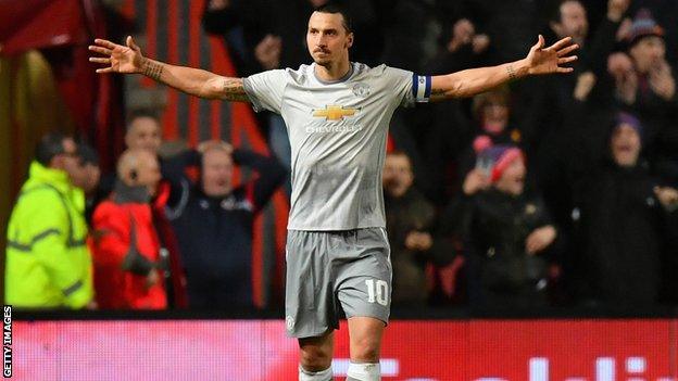 Zlatan Ibrahimovic celebrates a goal for Manchester United