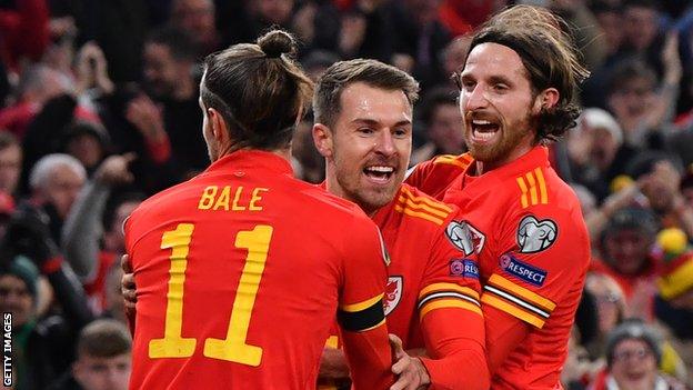 Wales celebrate Ramsey's first goal