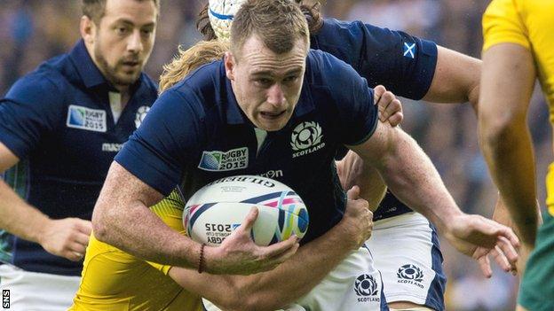 Full-back Stuart Hogg runs with the ball during Scotland's World Cup quarter-final defeat by Australia