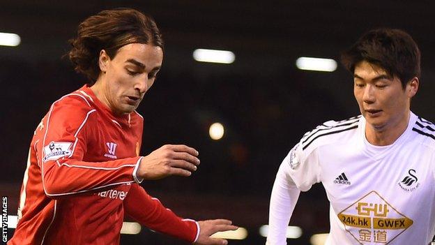 Lazar Markovic in action for Liverpool against Swansea in December, 2014