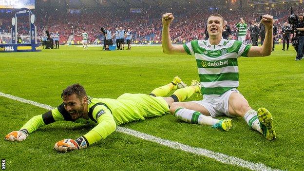 Celtic's Craig Gordon and Jozo Simunovic celebrate winning the Scottish Cup