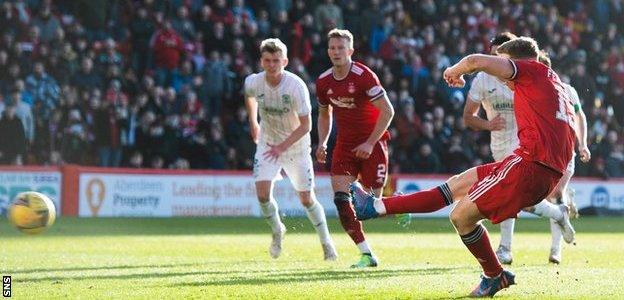 Lewis Ferguson scores a penalty for Aberdeen against Hibernian