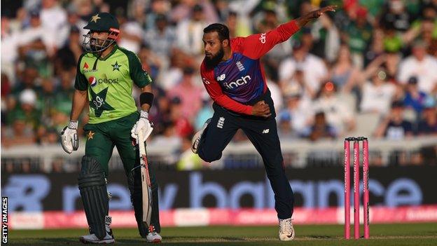 England leg-spinner Adil Rashid (right) bowling in a T20 international against Pakistan