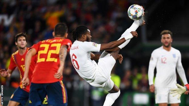 Nathaniel Chalobah playing for England against Spain in 2018