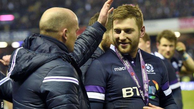 Gregor Townsend congratulates Finn Russell after the victory over England