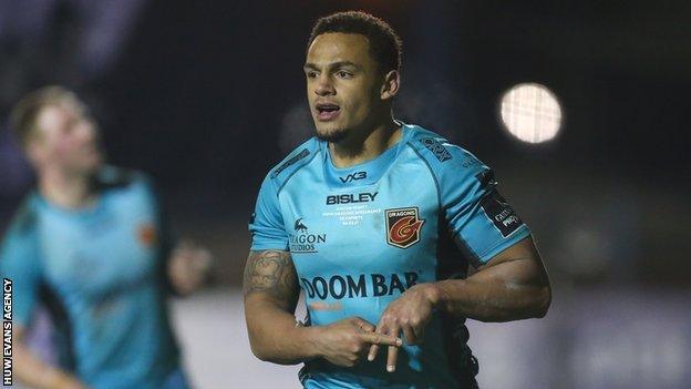 Ashton Hewitt displays his new try celebration after scoring against Ospreys