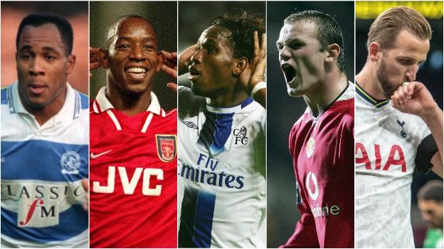 Left to right - Les Ferdinand, Ian Wright, Didier Drogba, Wayne Rooney and Harry Kane
