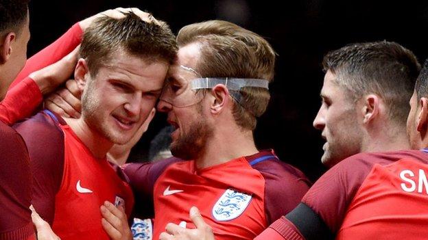 England players celebrate 3-2 win over Germany