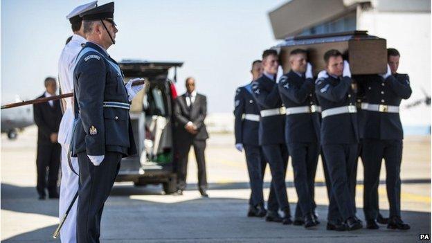 Repatriation of the first eight British civilians killed in the Sousse attack in Tunisia at Tunis military airport.