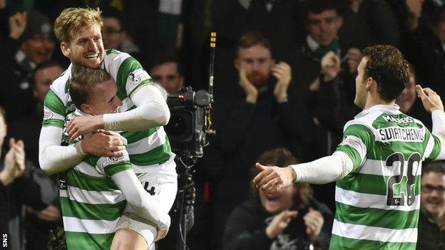 Leigh Griffiths (left) and Stuart Armstrong and Erik Sviatchenko