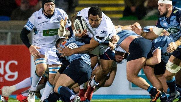 Glasgow's Samuela Vunisa powers into contact against Cardiff Blues