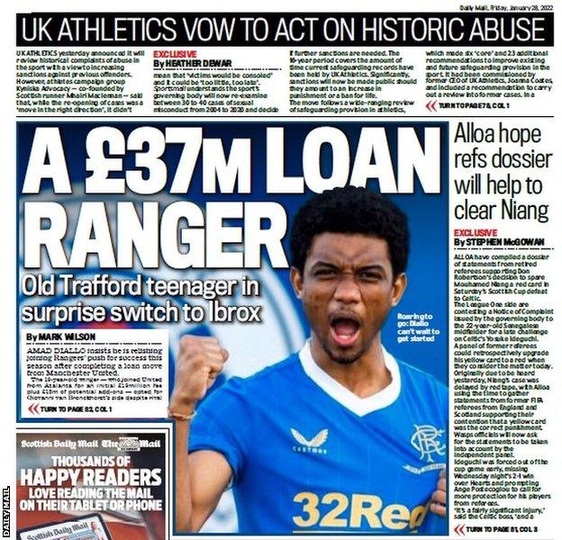 The back page of the Scottish Daily Mail on 280122