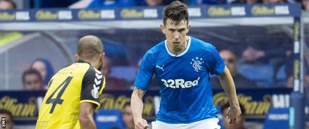 Progres midfielder Manu Francoise and Rangers' Ryan Jack