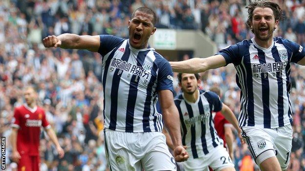 Salomon Rondon celebrates scoring a goal for West Brom