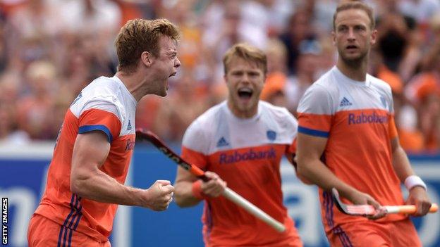 The Netherlands hockey team celebrate