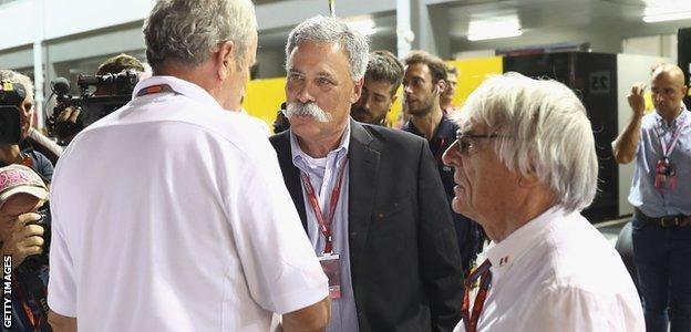 Chase Carey, Helmut Marko and Bernie Ecclestone