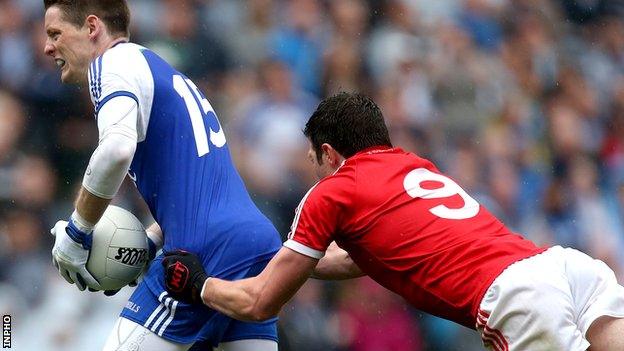 Sean McCavanagh produces a controversial challenge on Conor McManus in the closing stages of the 2013 All-Ireland quarter-final between Tyrone and Monaghan