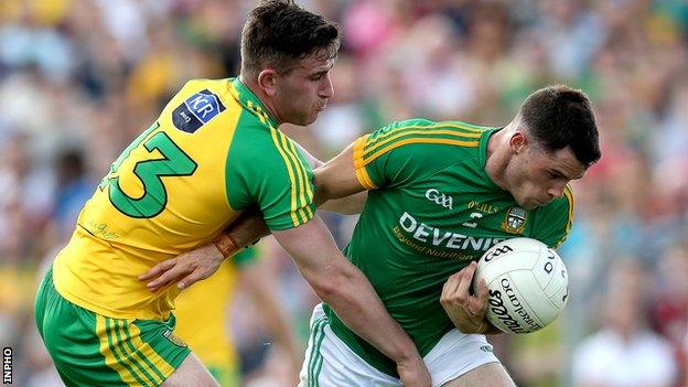 Patrick McBrearty of Donegal challenges Meath's Donal Keogan