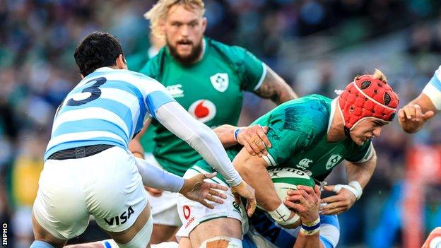 Josh van der Flier goes over for a try against Argentina at the Aviva Stadium in November