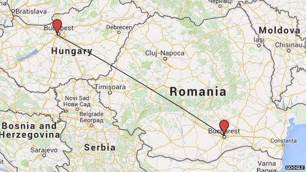 Google map showing Budapest to Bucharest