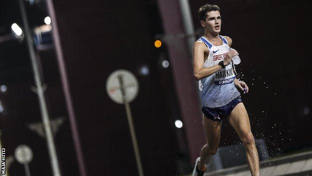 Hawkins mid-race at World Athletic Championships in Doha