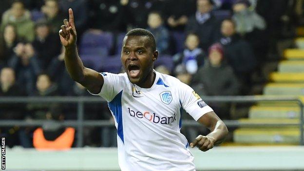 Genk striker Mbwana Samatta reacts after a goal is disallowed