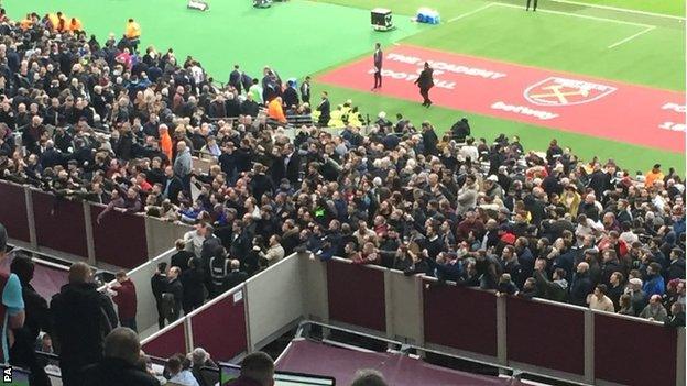 West Ham fans gathered to protest in front of the directors' box against Burnley