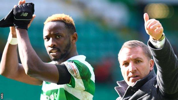 Celtic's Moussa Dembele and Brendan Rodgers celebrate