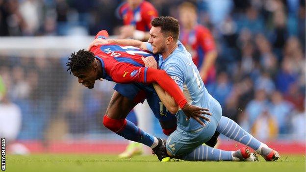 Aymeric Laporte was sent off for wrestling Wilfried Zaha to the ground.