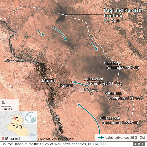 Battle for Mosul - map showing advancing troops