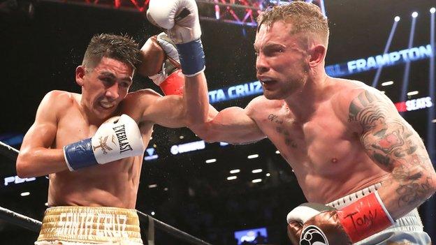 Leo Santa Cruz on the defensive as Carl Frampton lands a punch in the Belfast man's victory