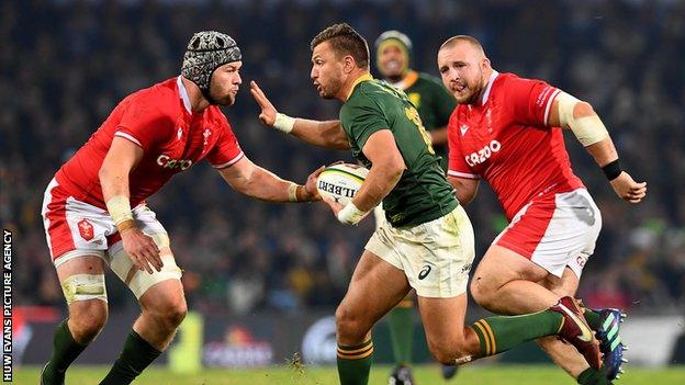 Dan Lydiate lines up Handre Pollard in the second Test in Bloemfontein which was his 67th international for Wales