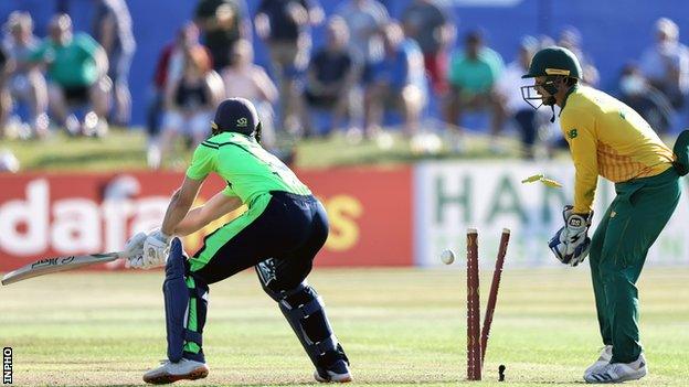 Ireland's Lorcan Tucker is bowled by George Linde in Monday's game at Malahide