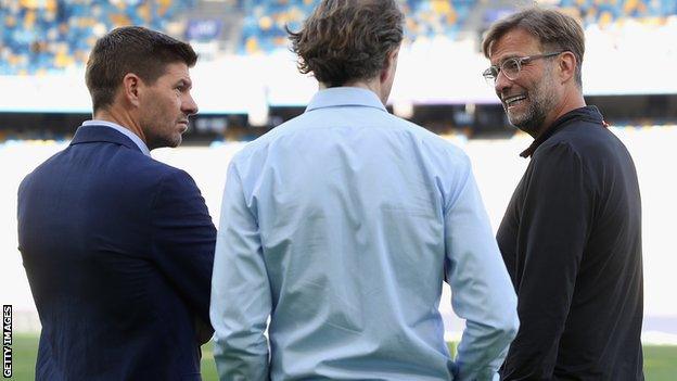 Rangers manager Steven Gerrard (left) and Liverpool boss Jurgen Klopp (right)