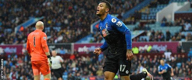 Joshua Kings celebrates scoring for Bournemouth against Aston Villa