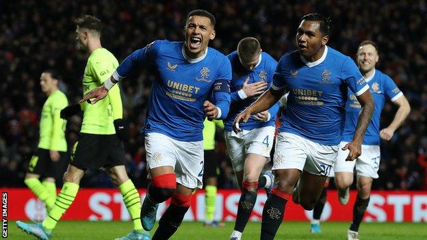 James Tavernier celebrates scoring against Borussia Dortmund at Ibrox